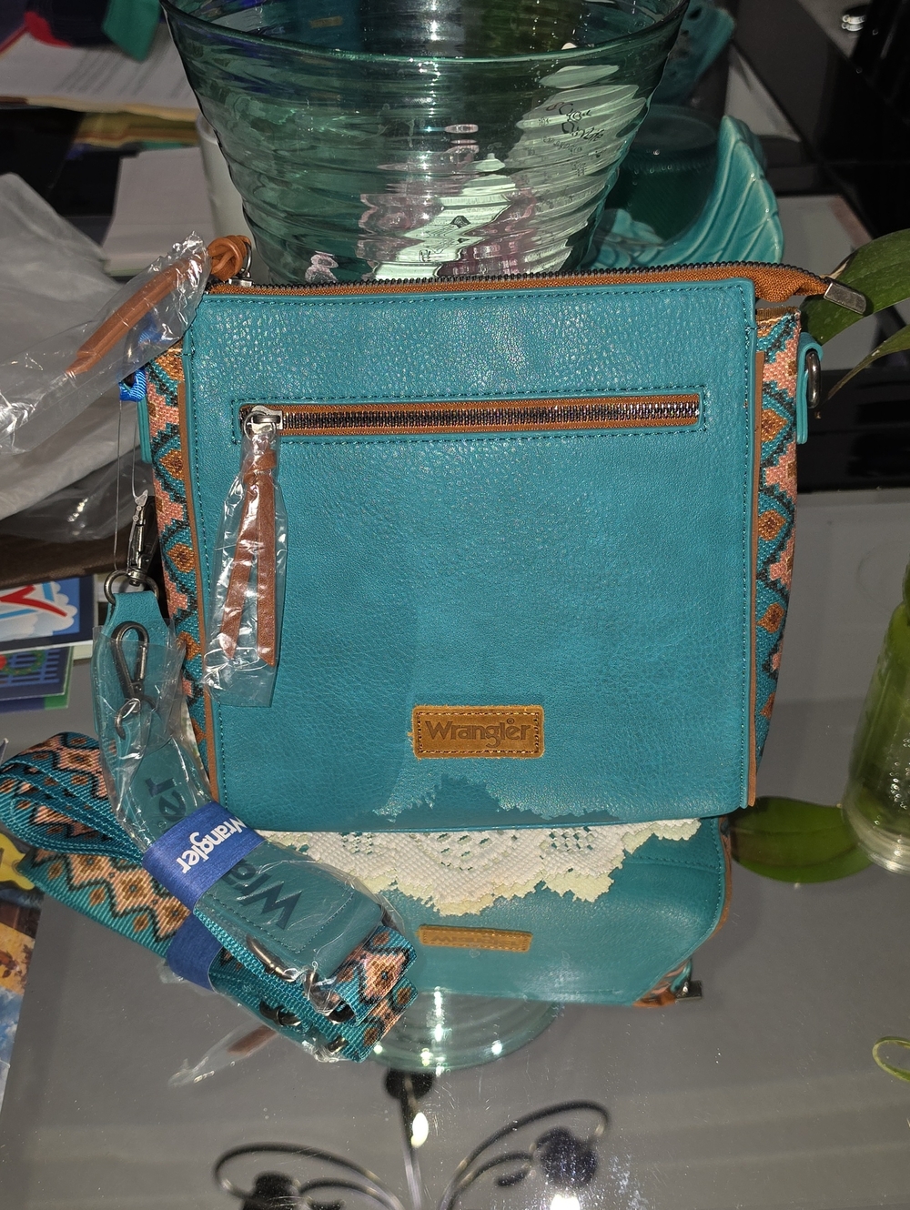 Wrangler Teal and Tan Crossbody Bag